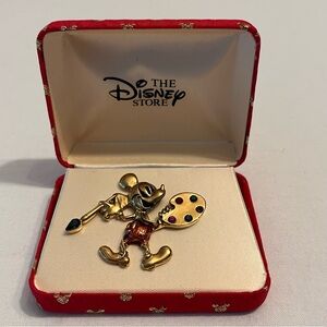 Vintage Disney Store Gold Tone Mickey Mouse Artist Painting Brooch Rhinestone